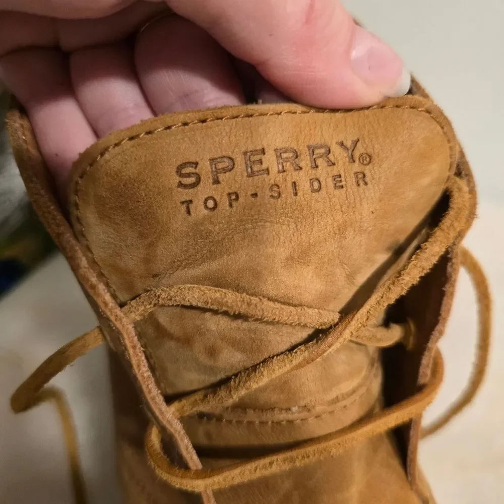 Sperry Harlow Burnished Leather Wedge Bootie in Cognac Brown 9